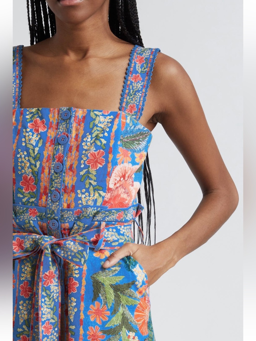 NEW FARM Rio Stitched Garden Floral Belted Linen Blend Romper SZ Large - Picture 4 of 10